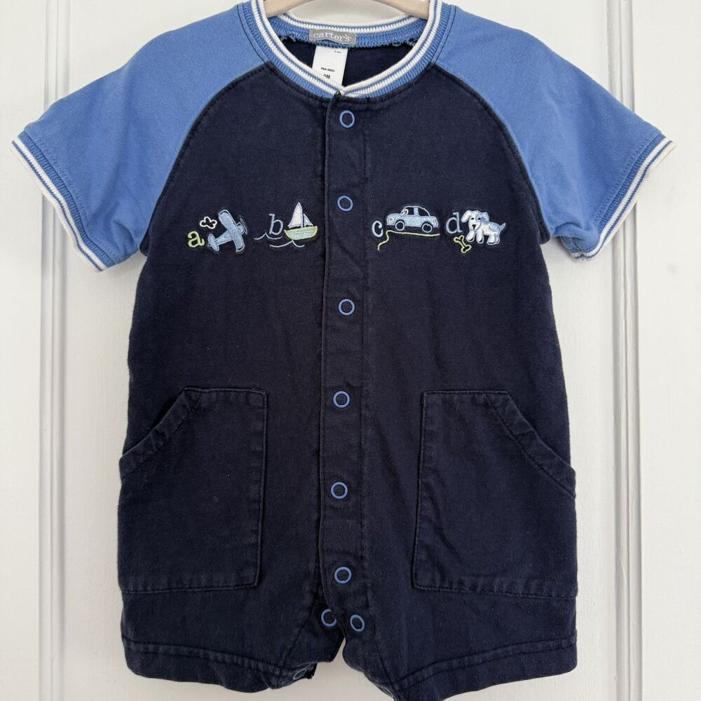 Carter's Vintage Romper Embroidered One-Piece 24M Blue Cotton Snap Pockets